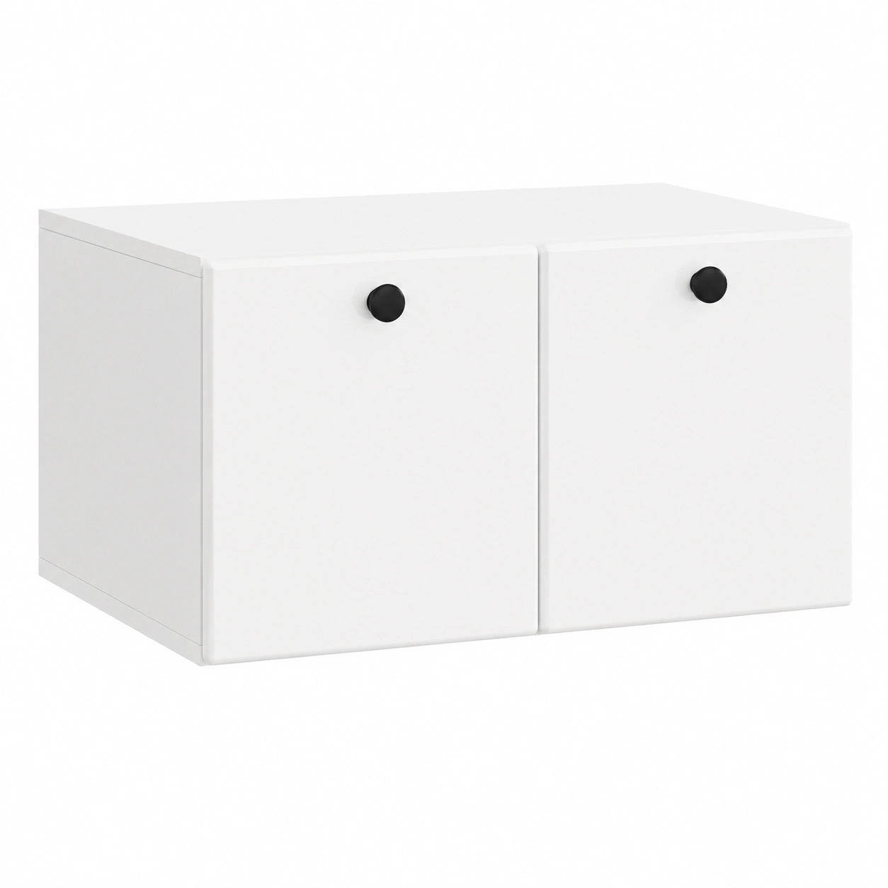 Mesa de TV flotante blanca con puertas abatibles y amplio almacenamiento