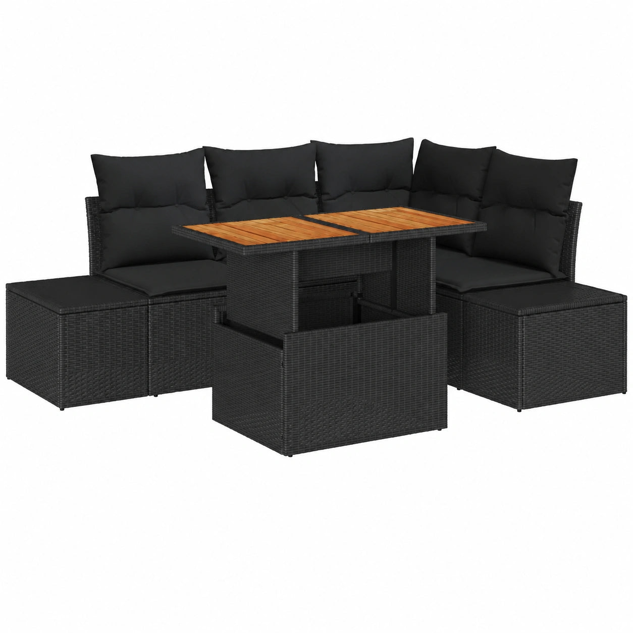 Conjunto de Comedor Exterior de Ratán Sintético y Acacia con Cojines Negros, 5 Piezas