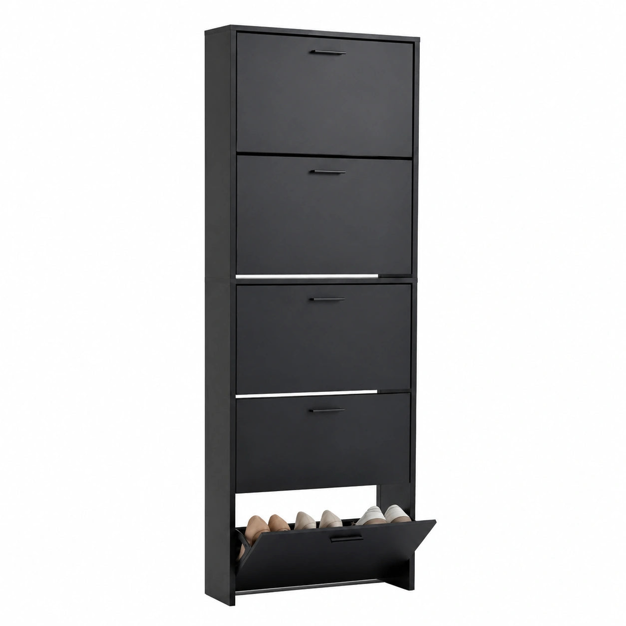 CASABEL Armario Zapatero de Madera con 5 Puertas Abatibles para 15 Pares, Color Negro, Perfecto para el Pasillo, 60x17x180 cm, Montaje Sencillo
