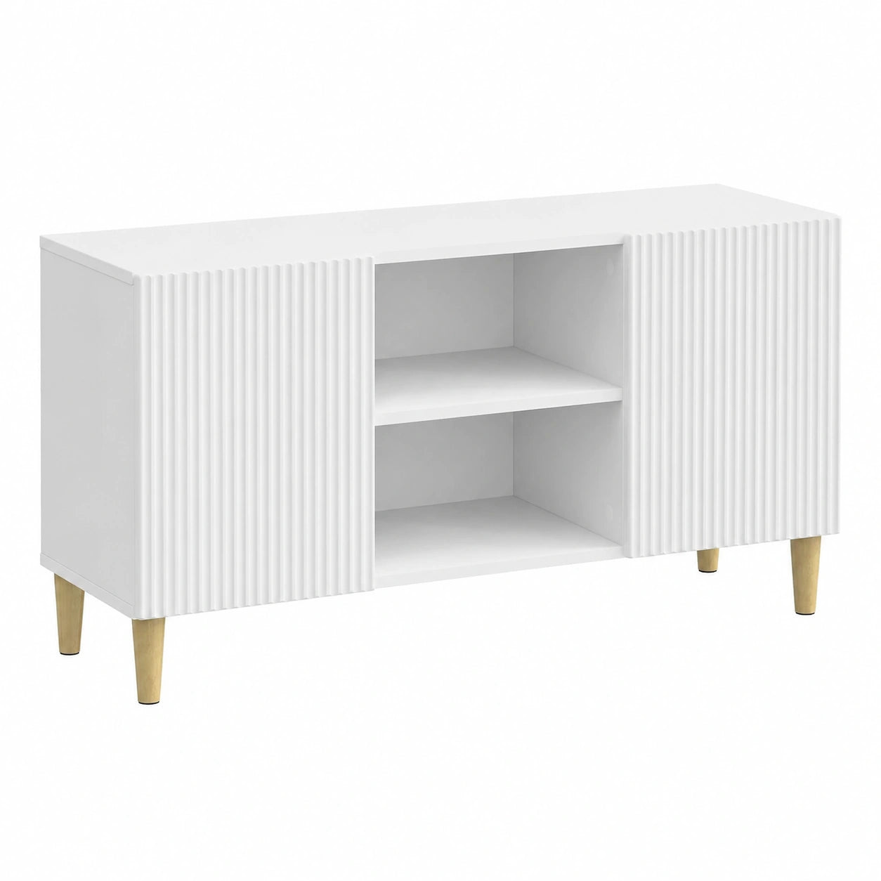 Centro de entretenimiento blanco brillante 102x34,5x50 cm con puertas giratorias y estanterías