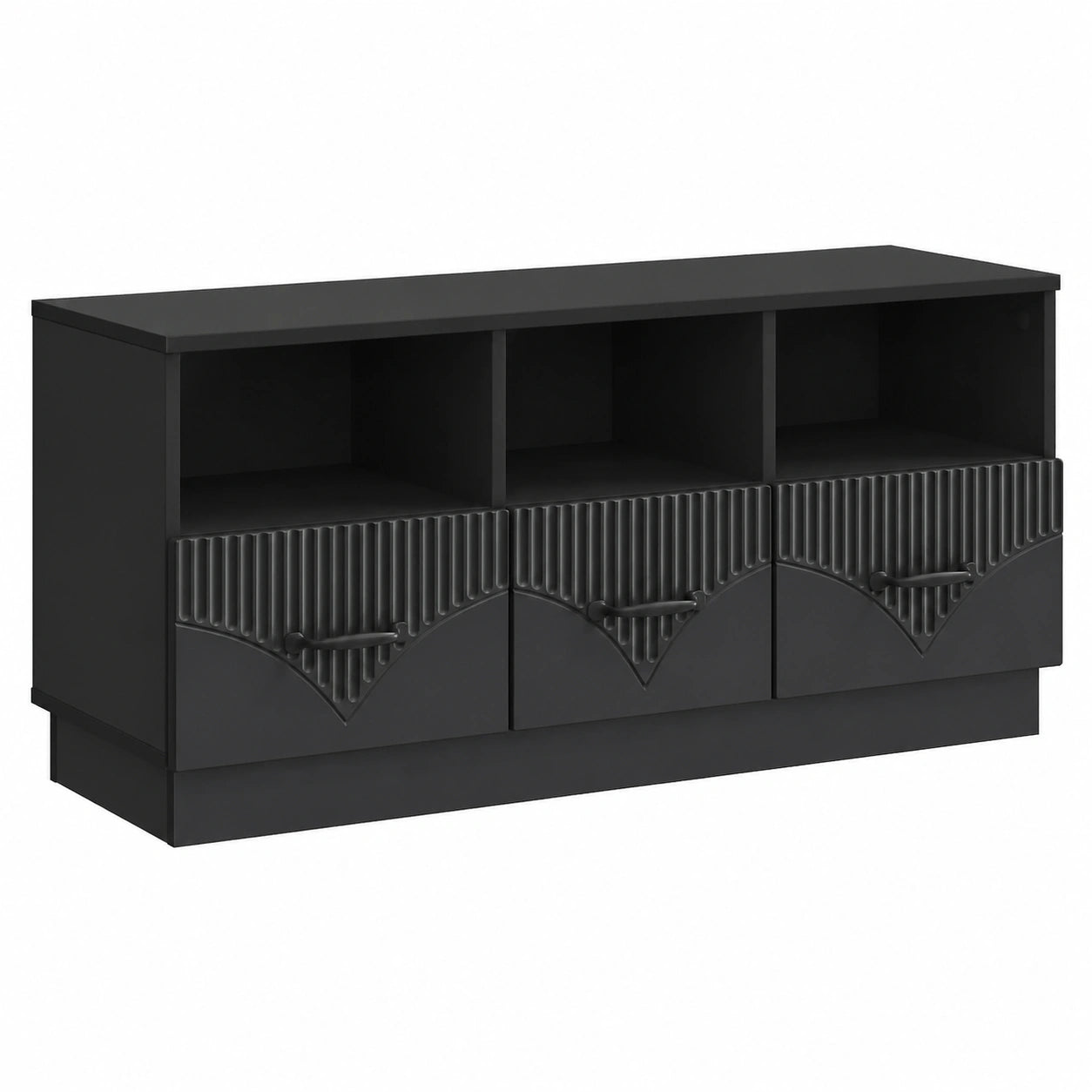 Mesa de TV en madera negra 102x34,5x47 cm, 3 cajones, almacenamiento, conducto para cables, ideal para salón, sala de juegos o dormitorio