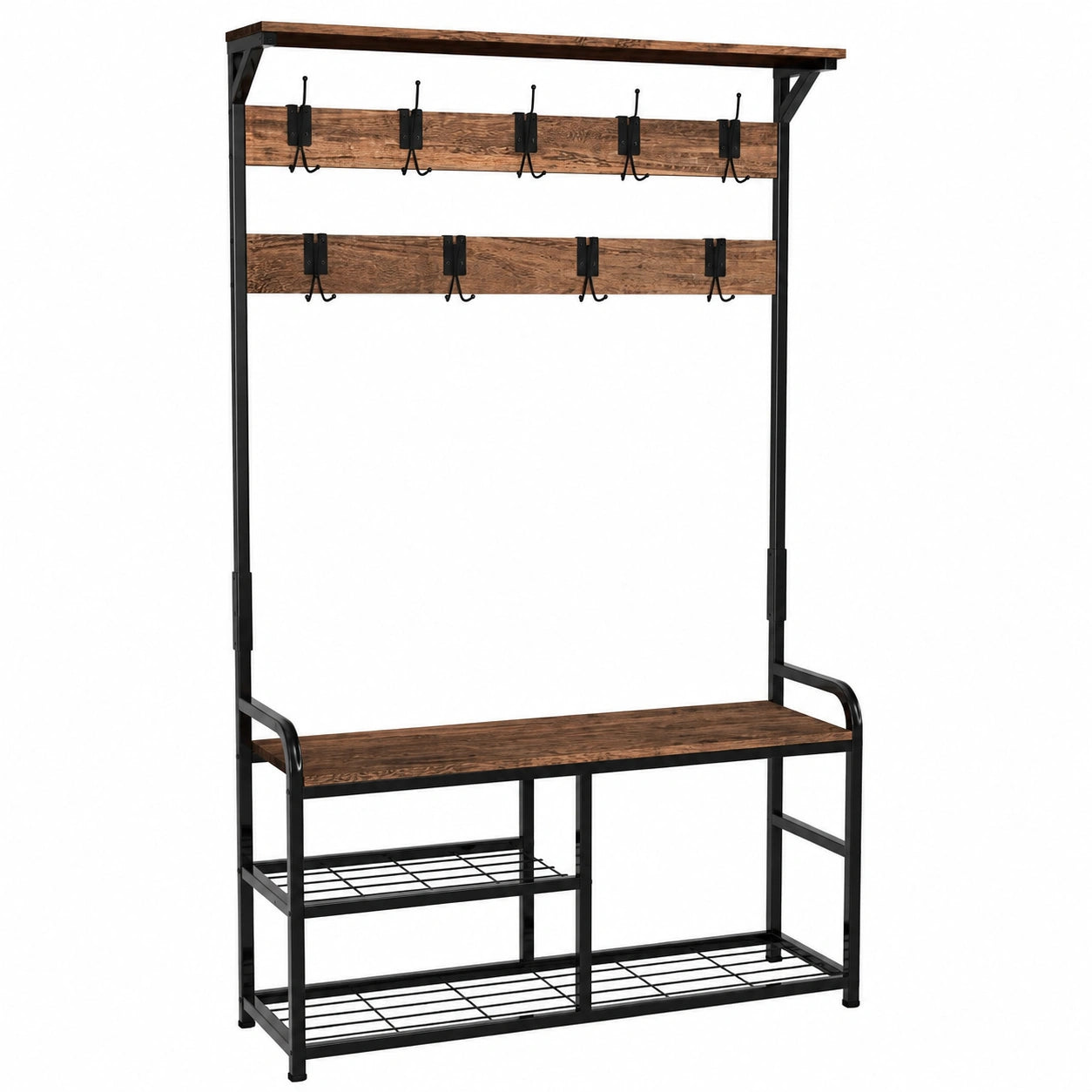 Perchero de Entrada con Banco y Zapatero, Madera Estilo Industrial, 185x85x33cm