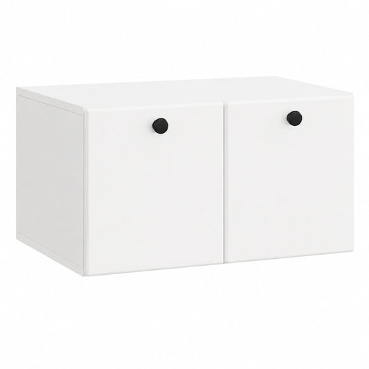 Mesa de TV flotante blanca con puertas abatibles y amplio almacenamiento