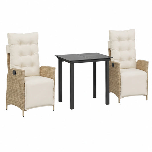Conjunto de Muebles de Jardín 3 Piezas con Cojines, Mesa y Sillas de Ratán Beige
