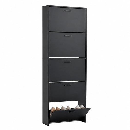 CASABEL Armario Zapatero de Madera con 5 Puertas Abatibles para 15 Pares, Color Negro, Perfecto para el Pasillo, 60x17x180 cm, Montaje Sencillo