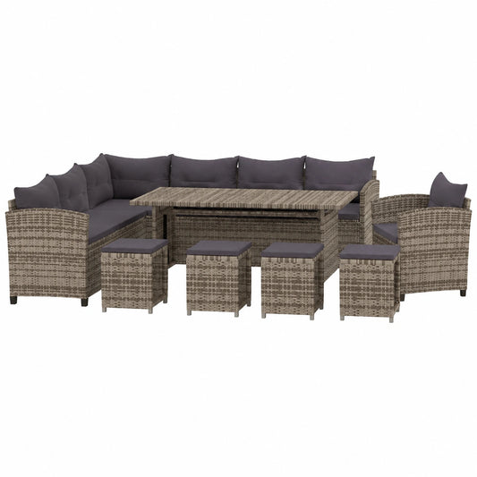 Conjunto de Jardín 7 Piezas con Cojines, Sofá y Mesa en Ratán Sintético Gris