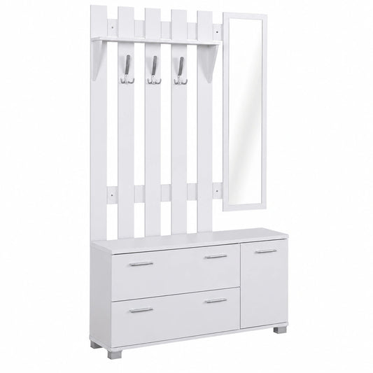 Mueble Recibidor HOMCOM: Espejo, Perchero y Zapatero con Cajones - Blanco