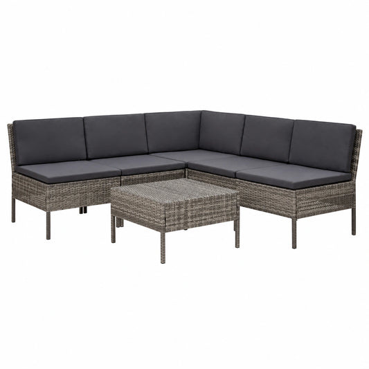 Conjunto de Jardín 6 Piezas con Cojines, Mesa y Sillas de Ratán Sintético en Gris