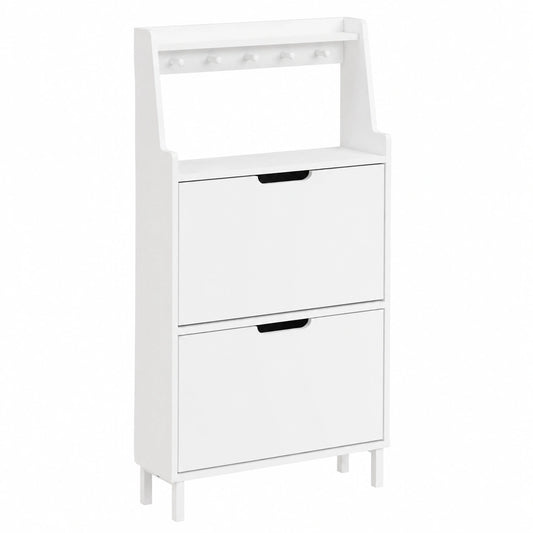 Zapatero Blanco Estrecho con Estante y Ganchos, Ideal para Entrada o Pasillo, Capacidad hasta Talla 47, 60x19x119 cm