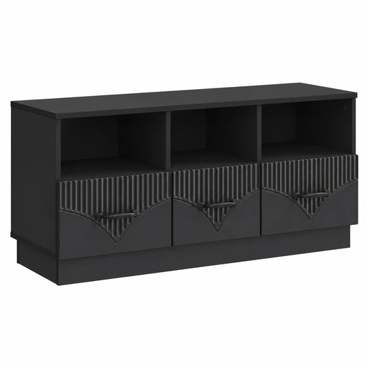 Mesa de TV en madera negra 102x34,5x47 cm, 3 cajones, almacenamiento, conducto para cables, ideal para salón, sala de juegos o dormitorio