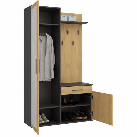 Conjunto de Mueble Recibidor Moderno con Espejo y Estantería, Antracita/Roble Artisan, 180x100x35 cm