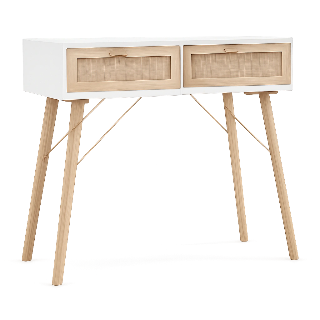 Mesa Consola de Madera de Pino y Ratán para Entrada, Salón o Dormitorio