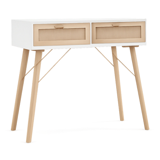 Mesa Consola de Madera de Pino y Ratán para Entrada, Salón o Dormitorio