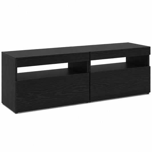 Mueble de TV de Madera Roble Negro con LED, Set de 2 Unidades, 60x35x40 cm, Almacenamiento y Puertas Planas